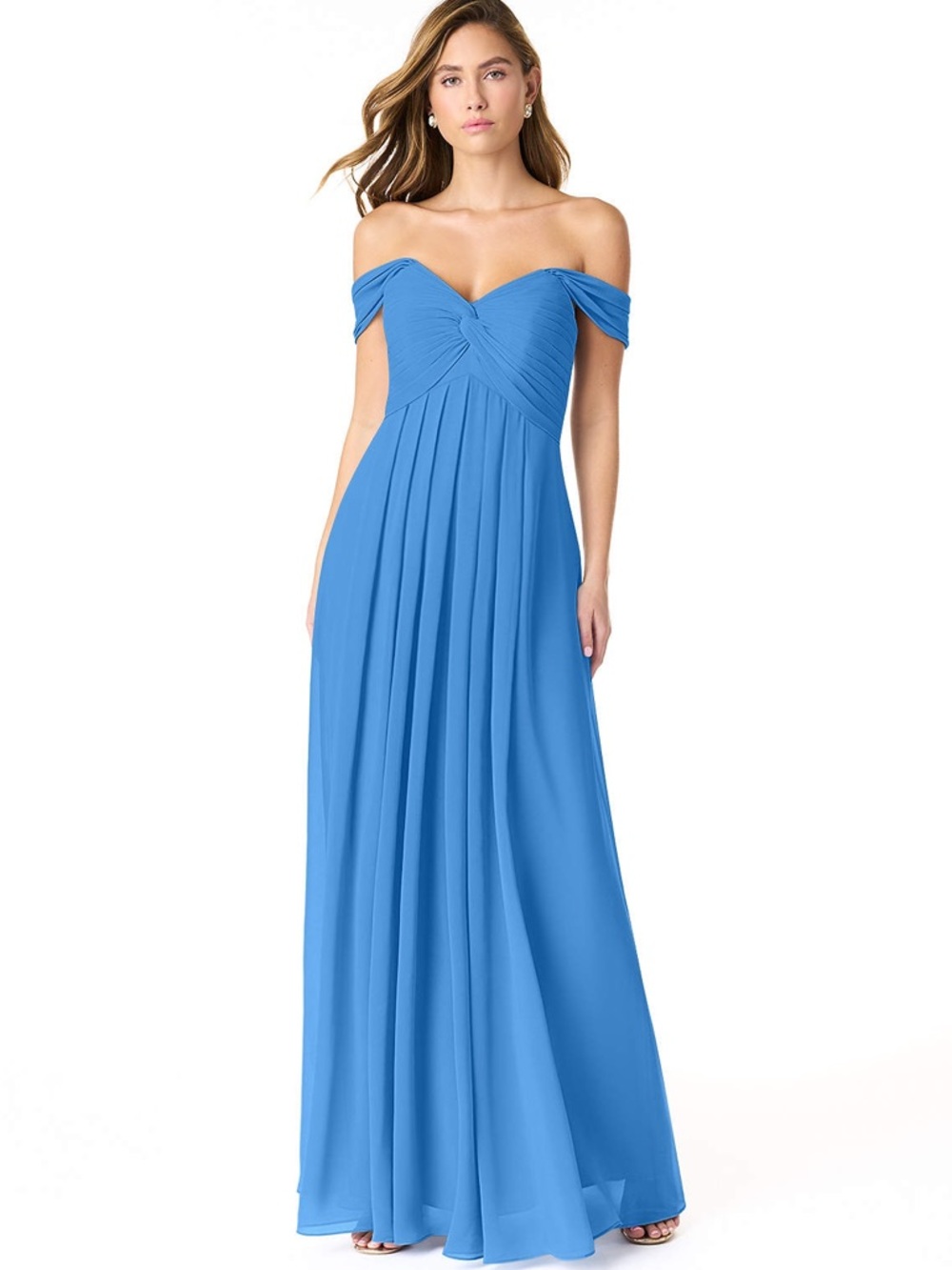 Azazie 2 Blue A-Line Chiffon Off Shoulder Bridesmaid Maxi Formal Dress